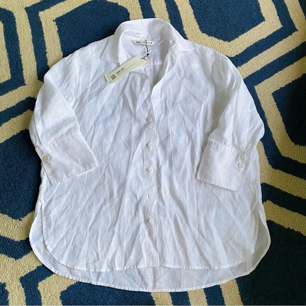 🐚 ZARA WHITE LINEN LOOSE FIT COLLARED SHIRT! - Picture 7 of 12